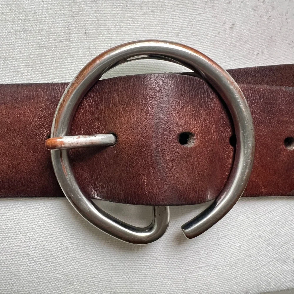 Vintage Gap Belt Large Brown Genuine Leather Wide Silver Circle Buckle 90s